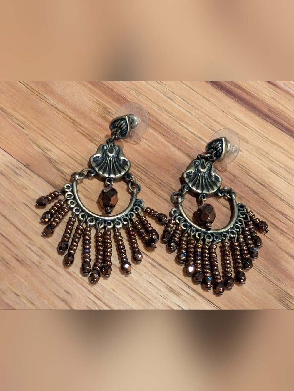 Source Unknown Metallic Bronze Beaded Fringe Earrings